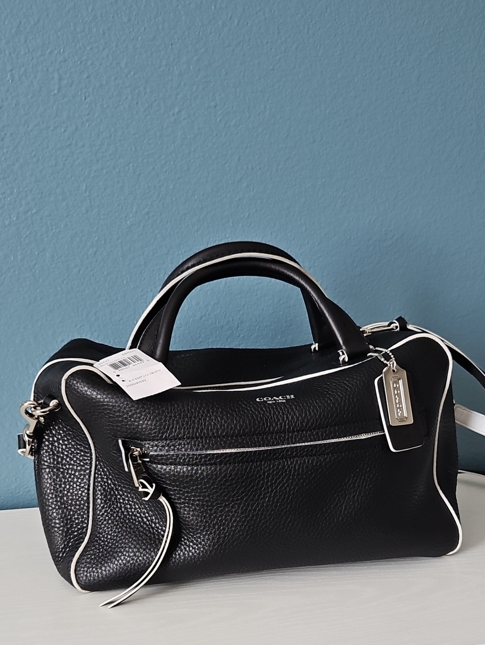 Coach Black Pebbled Leather Duffel with White Piping
